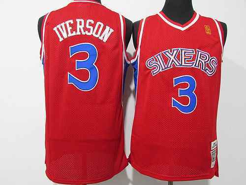 76ers 3 Iverson 9697 Retro Gold Label 3 strati densamente ricamato rosso