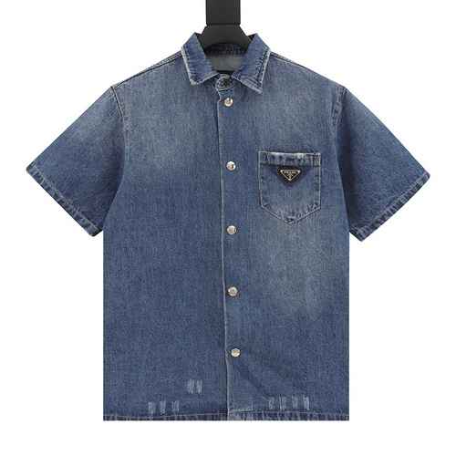 PRADACamicia Prada Wash Denim Blu a maniche corte