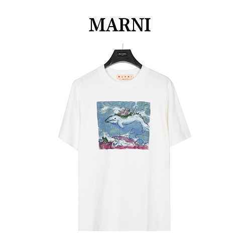 MarniMarni 23ss T-shirt a maniche corte con stampa divertente di balene oceaniche disegnate a mano c