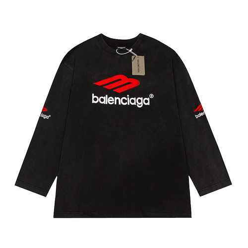 High quality BAL Balenciaga M logo embroidered worn-out long sleeved T-shirt