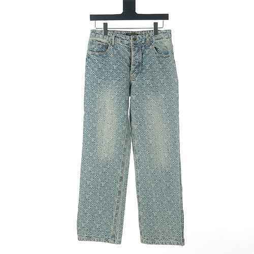 Pantaloni in denim lavato a tubo dritto con stampa jacquard LV