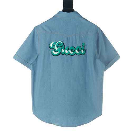 GUCCIGucci GUC Camicia a maniche corte in denim con retro verde graffiti