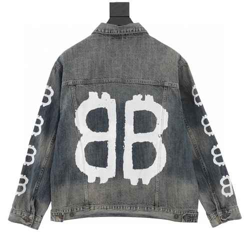 BLCG 23Fw Double B Cappotto in denim con stampa graffiti dipinto a mano