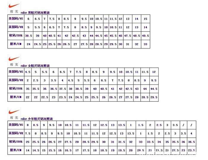 NIKE足球鞋尺码对照表