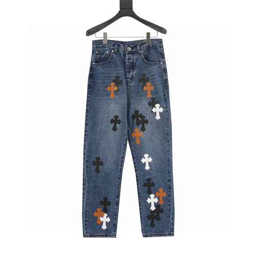 Pantaloni classici in denim incrociati in pelle CH