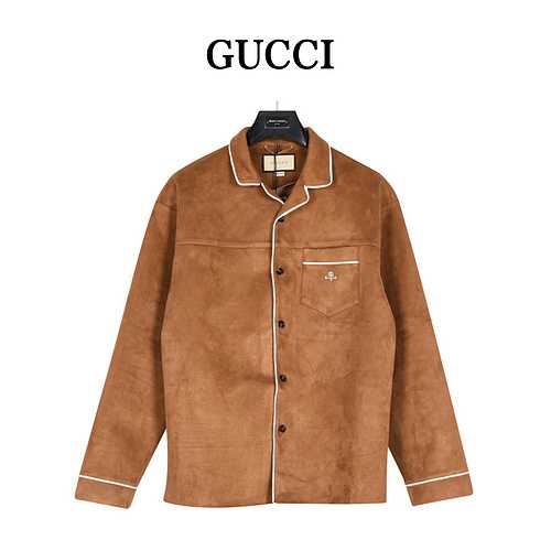 Camicia G Gucci 23Fw in pelle scamosciata con doppia G ricamata