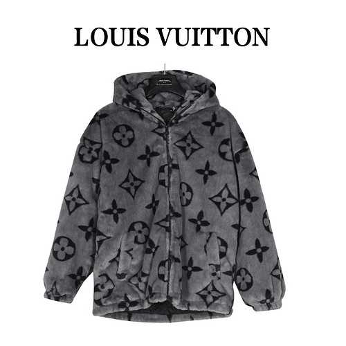 Cappotto con cappuccio in pelliccia di coniglio con logo all-over di LV Louis Vuitton